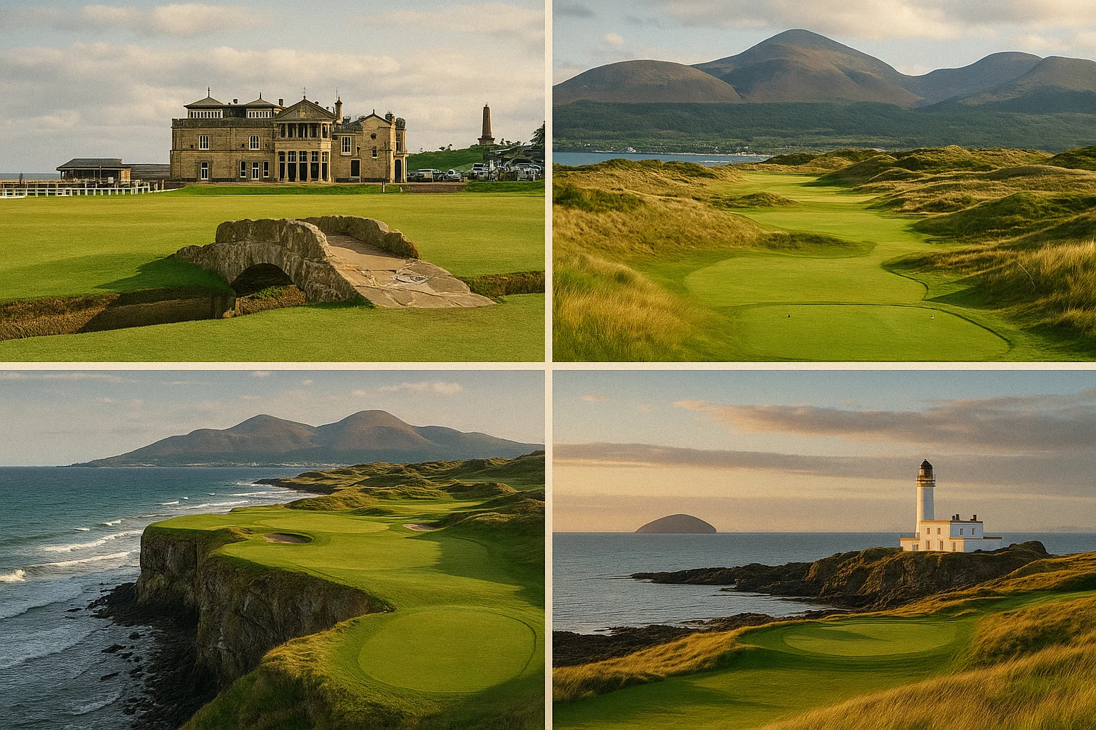 Collage of four iconic links golf courses: St Andrews Old Course 18th hole and clubhouse, Royal County Down with Mourne Mountains, Ballybunion clifftop holes, and Turnberry lighthouse with Ailsa Craig