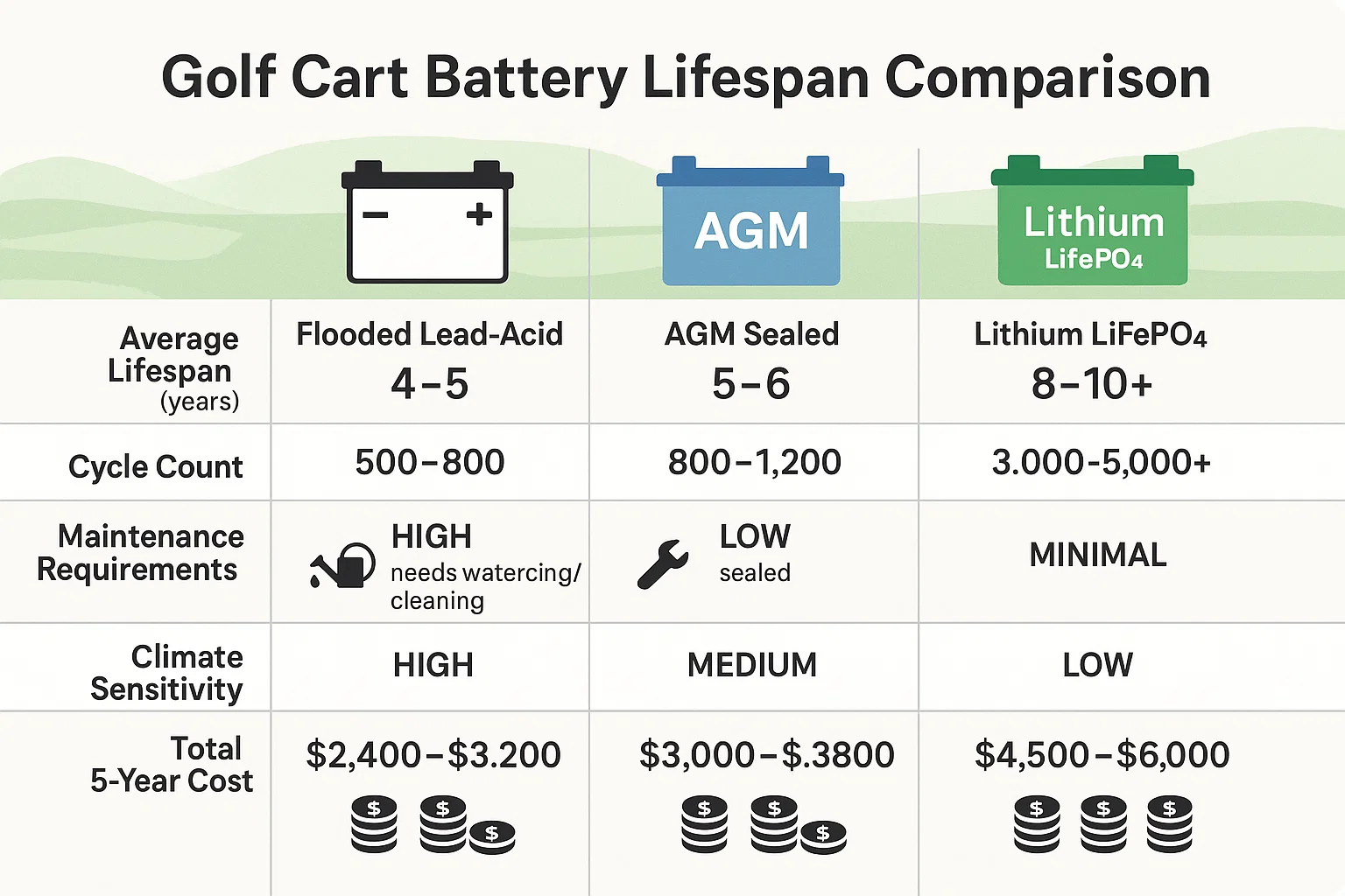 Golf cart battery lifespan comparison showing years, maintenance requirements, and total cost by battery type