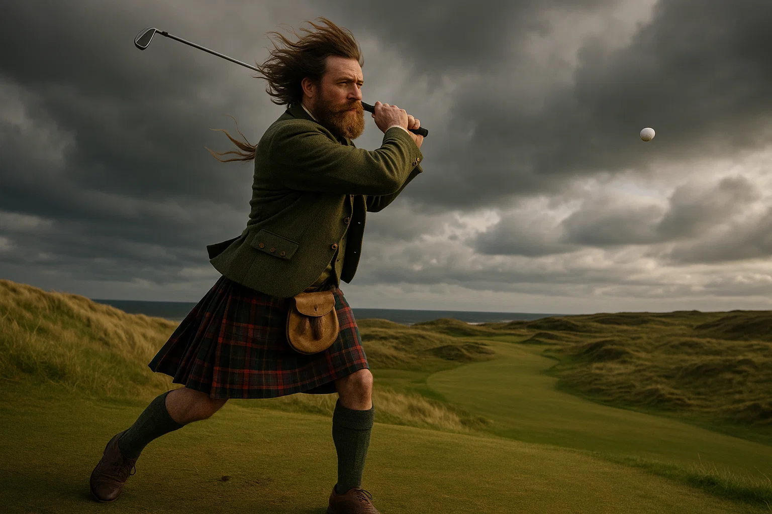 Action shot of golfer mid-swing wearing traditional Scottish golf attire including kilt, with hair and clothing showing wind effects, ball flight visible against dramatic sky on links golf course