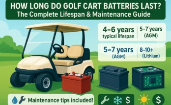 Golf cart with flooded lead-acid, AGM, and lithium batteries illustrating typical lifespan and maintenance tips