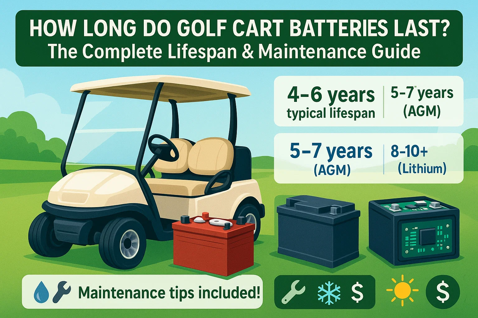 Golf cart with flooded lead-acid, AGM, and lithium batteries illustrating typical lifespan and maintenance tips