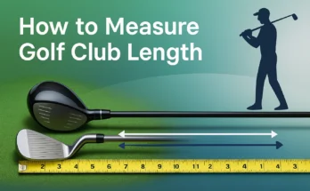 Close-up of golfer measuring golf club length with a tape measure on a flat surface, showing precise measurement technique from clubhead heel to grip end