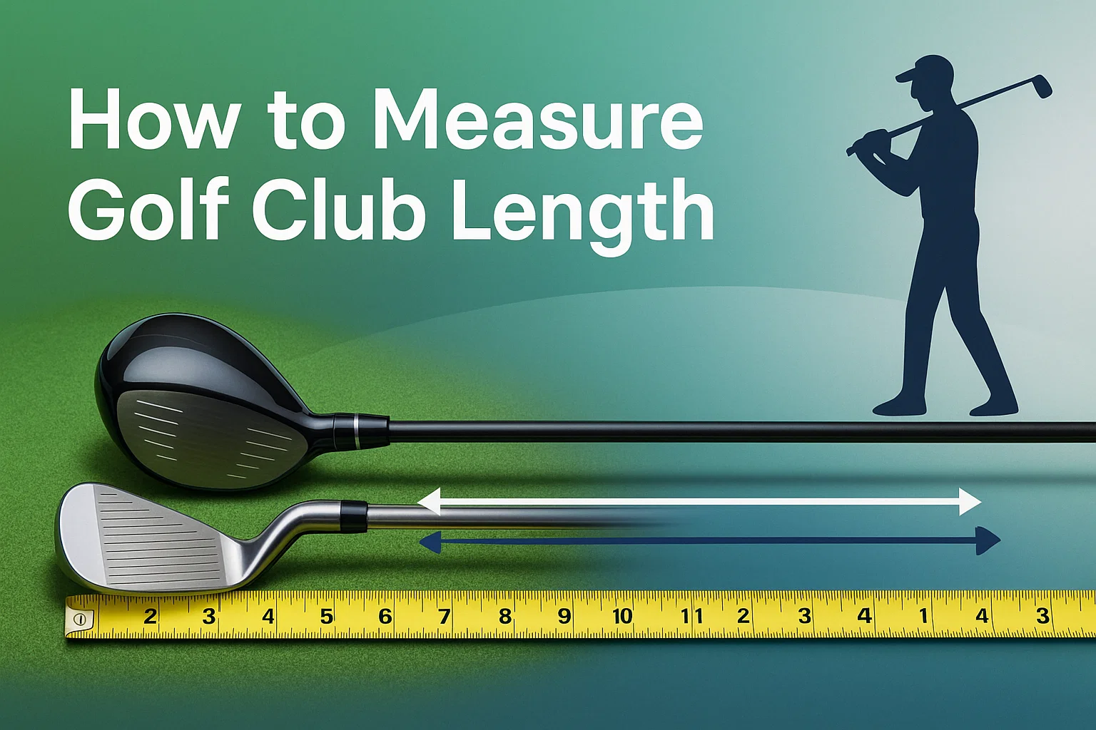 Close-up of golfer measuring golf club length with a tape measure on a flat surface, showing precise measurement technique from clubhead heel to grip end