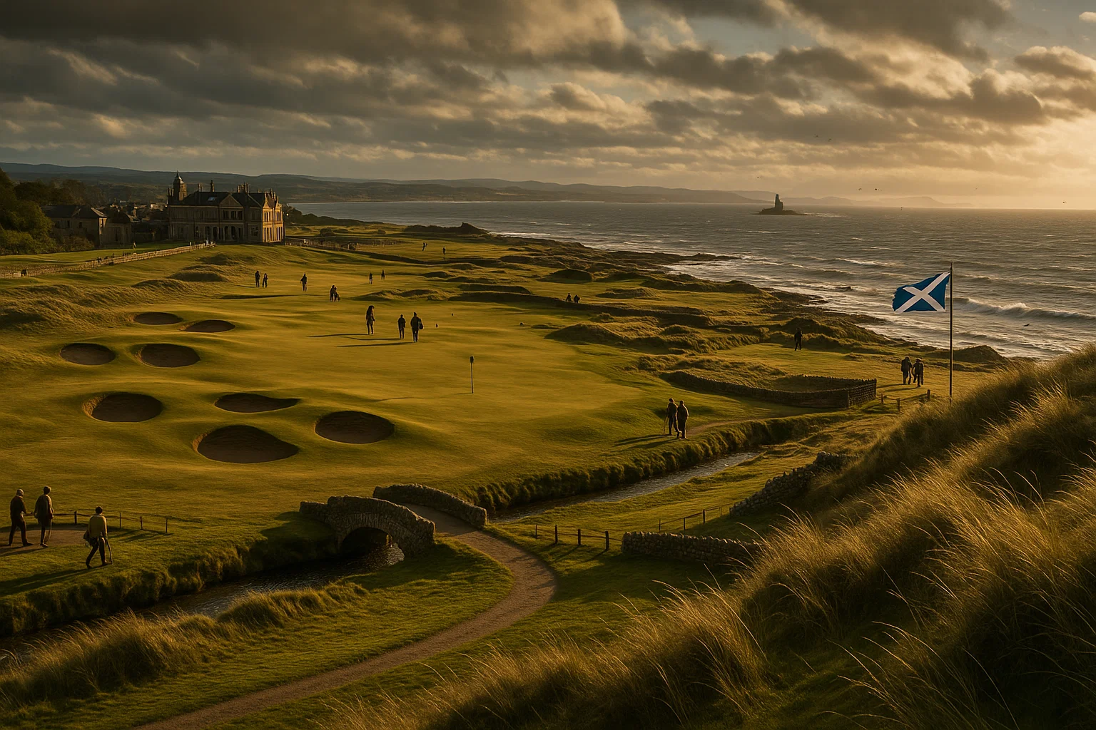 Dramatic Scottish links golf course at St Andrews showing windswept fairways, pot bunkers, and coastal setting during golden hour