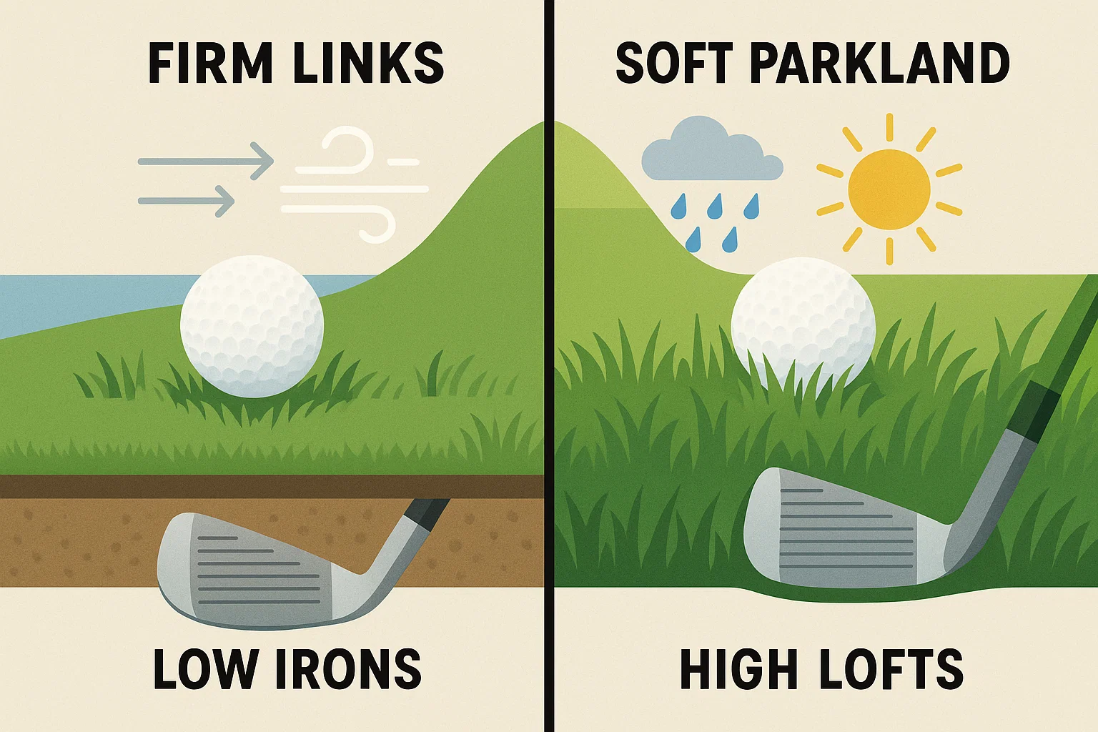 Infographic comparing links golf vs regular parkland golf showing two golf balls on different surfaces, firm links fairway versus soft parkland conditions, wind effects, and equipment differences