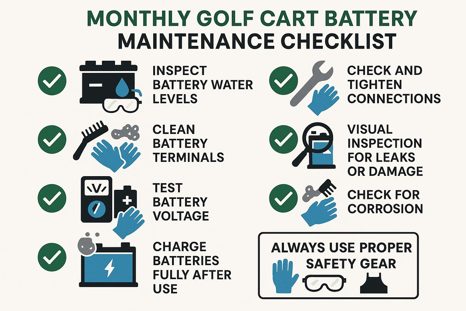 Monthly golf cart battery maintenance tasks with proper safety equipment