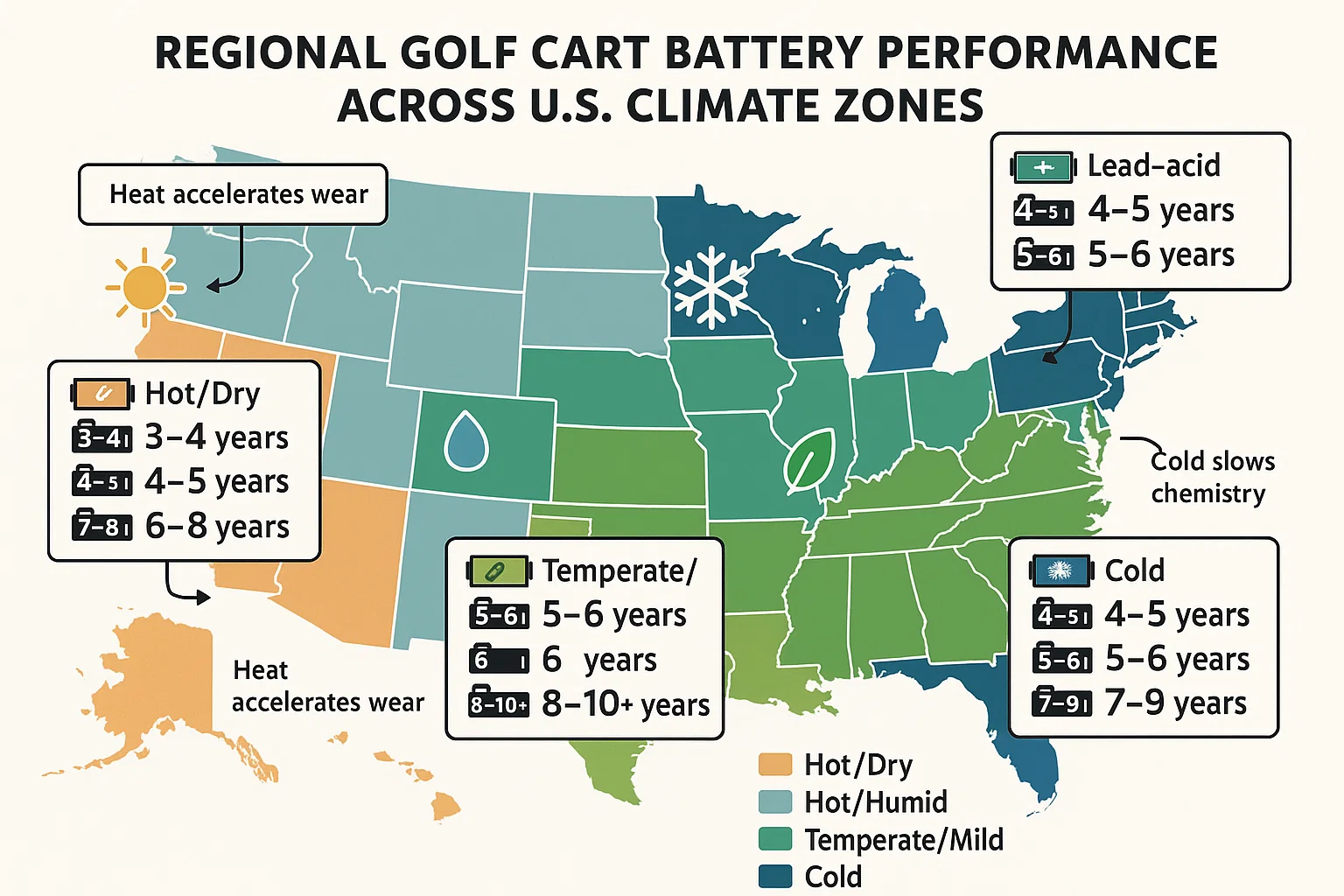 Regional golf cart battery performance showing lifespan variations across US climate zones