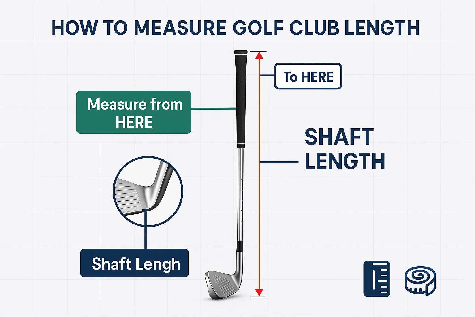 Golf club length calculator measurement guide showing proper technique to measure shaft length from heel to grip end with detailed measurement arrows and ruler indicators