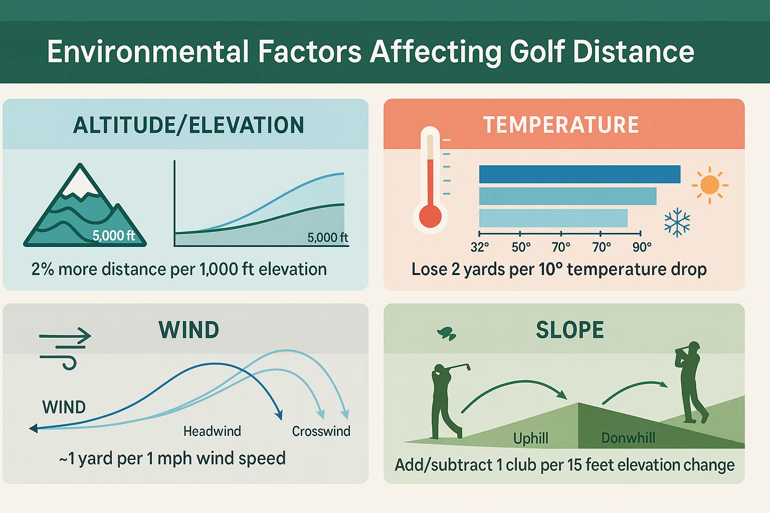 Golf distance calculator environmental factors infographic showing how altitude elevation temperature and wind affect golf ball distance with detailed charts and adjustment calculations