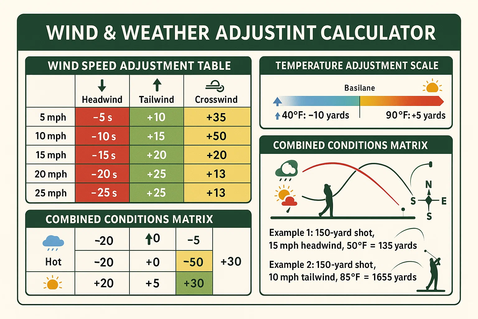 Golf swing speed distance calculator showing wind and weather adjustment chart with detailed yardage modifications for headwind tailwind crosswind and temperature variations for accurate club selection