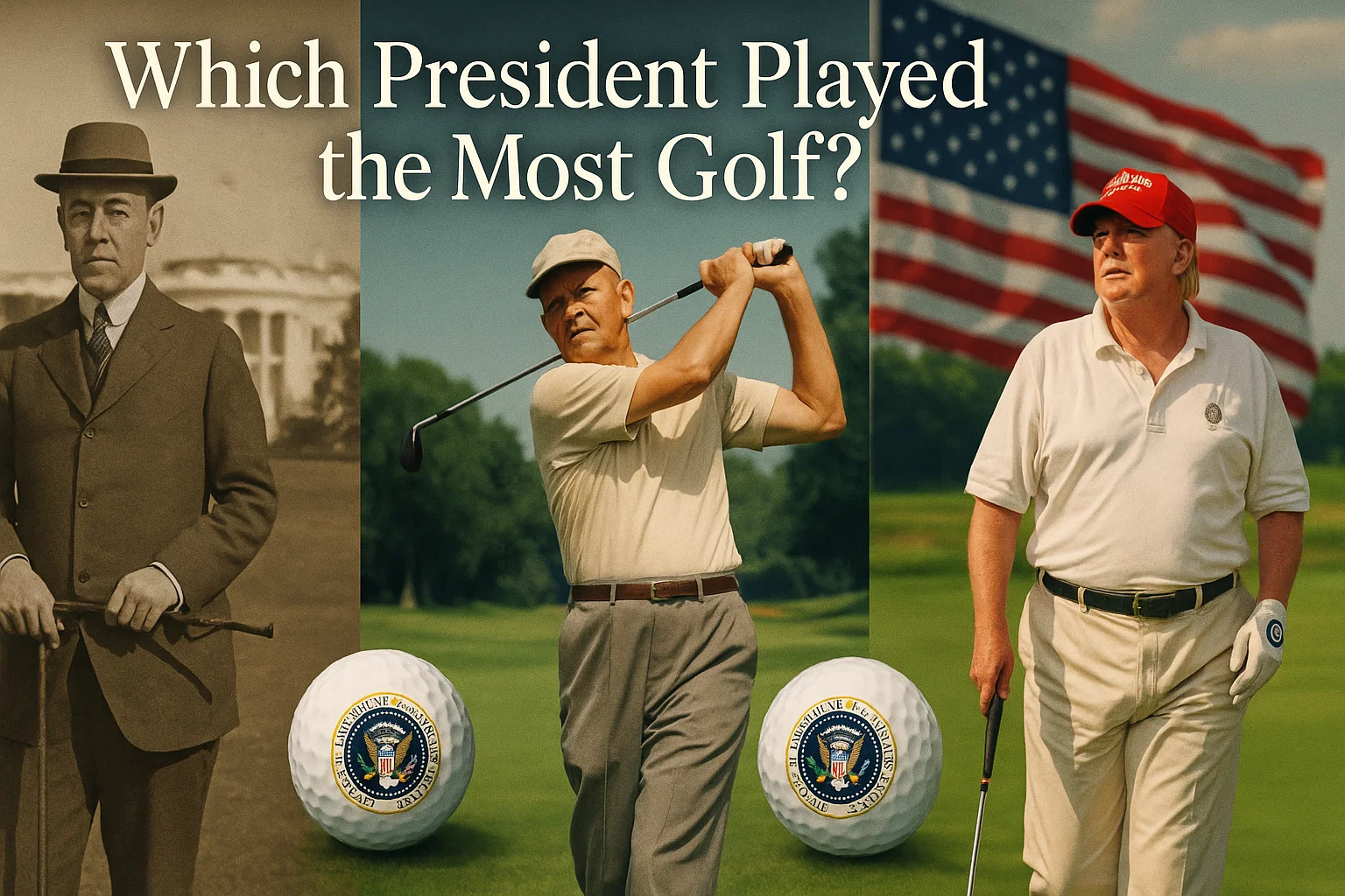 Comparison of U.S. presidents who played the most golf featuring Woodrow Wilson, Dwight Eisenhower, and Donald Trump with golf statistics and White House background