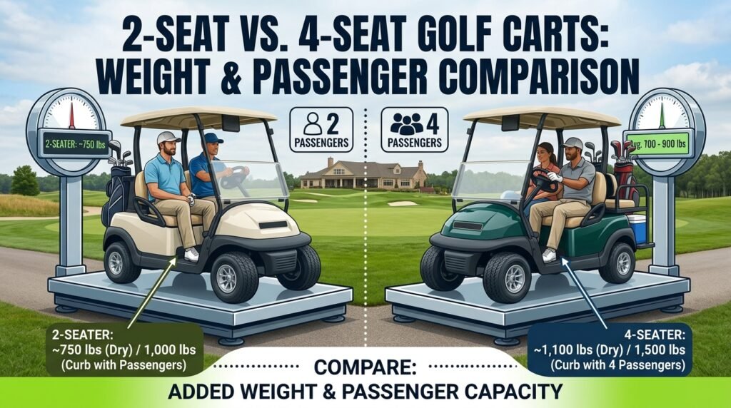 Planning to upgrade your golf cart or carry extra passengers? Compare the key differences in weight, frame size, and load capacity between standard 2-seat and 4-seat models.