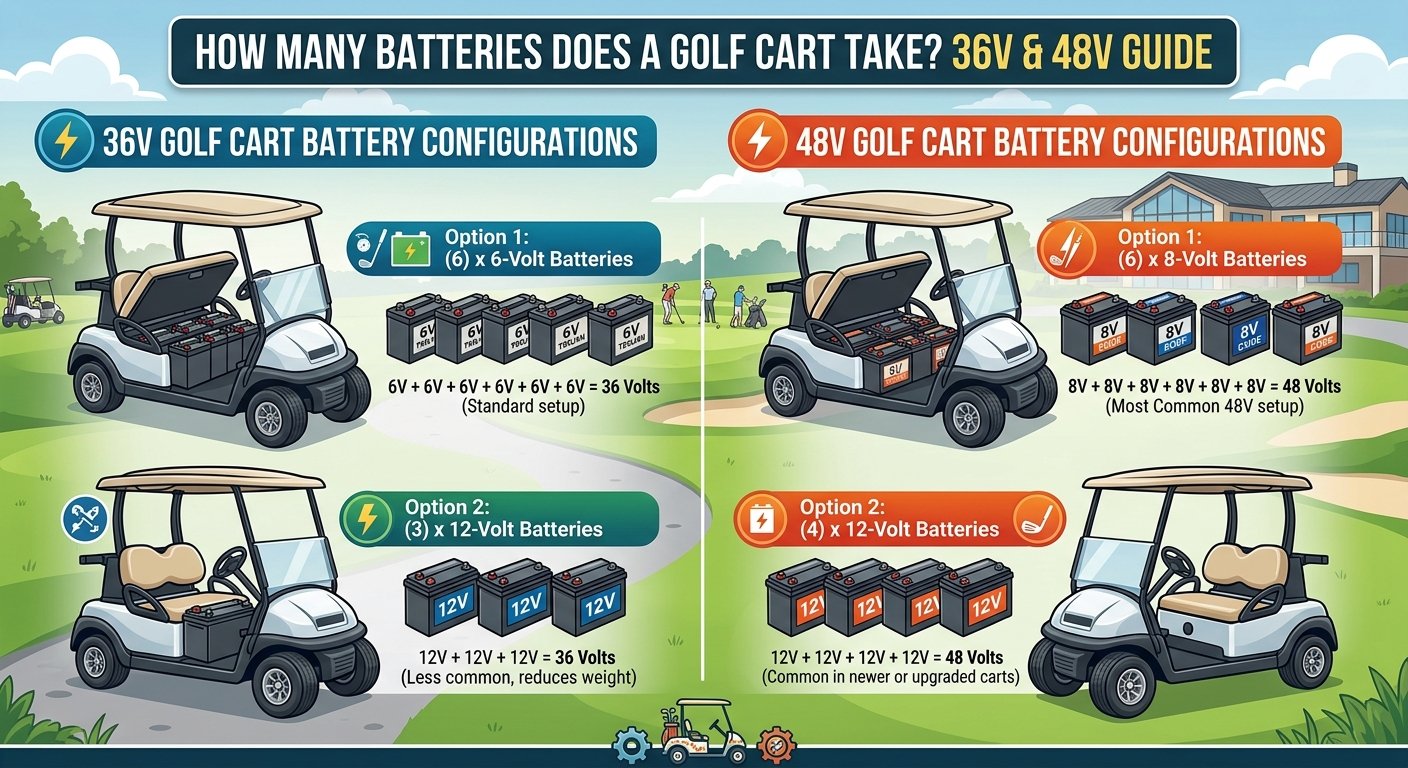 A graphic showing battery configurations for 36V and 48V golf carts, detailing the number and voltage of batteries required.